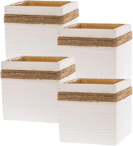 Maceta de madera de cuerda de yute (5 "x 5) Cajas de madera encaladas l Centro de mesa de jardín Exhibición l Soporte de flores de boda (paquete de