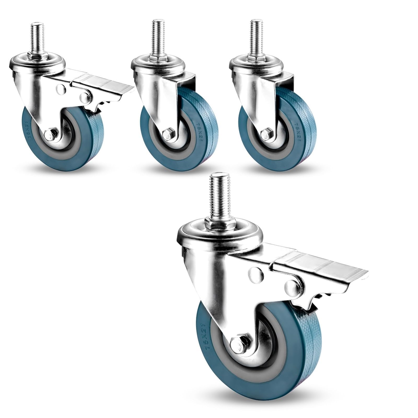ZGUOUZANTYE Heavy Duty PVC Swivel Casters M10 12 Threaded Stem Dual Locking No Noise Durable Brake Caster For Cart Furniture Workbench Pack 4(Swivel+brake,75MM/M10)