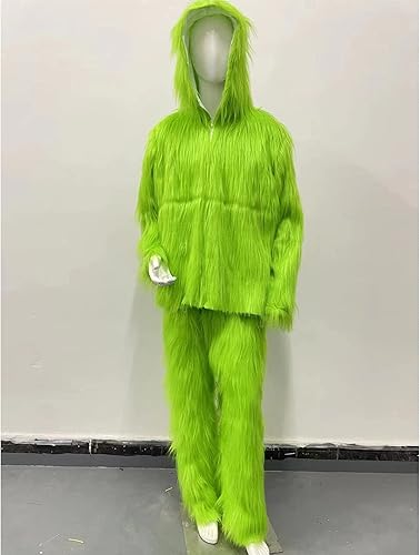 Miniatura 6 de Disfraz de Papá Noel peludo verde para niños, suéter de lujo cálido y mullido color verde monstruo y pantalones
