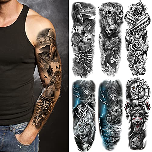 Kotbs 6 Sheetstribal Lion Forest Full Arm Temporary Tattoo Sleeves For Women Adults, Indian Warrior Military Gun Full Sleeve Tattoo For Men Waterproof Fake Tattoos #TOP17