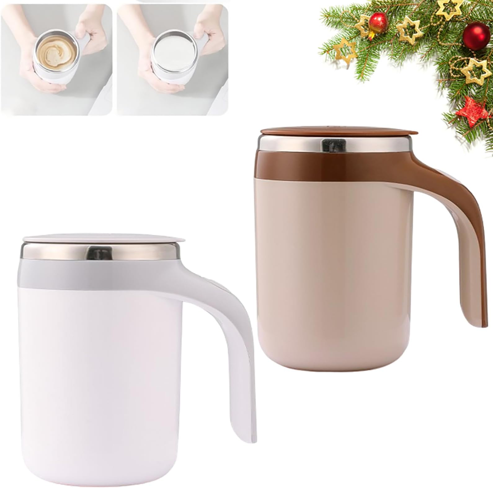 Automatic Magnetic Stirring Coffee Mug, 2024 Magnetic Coffee Stirrer Mug for Milk, Cocoa Magnetic Coffee Mug at Office Automatic Coffee Cup Stirrer Auto Stirring Coffee Mug (White+Brown, Rechargeable)