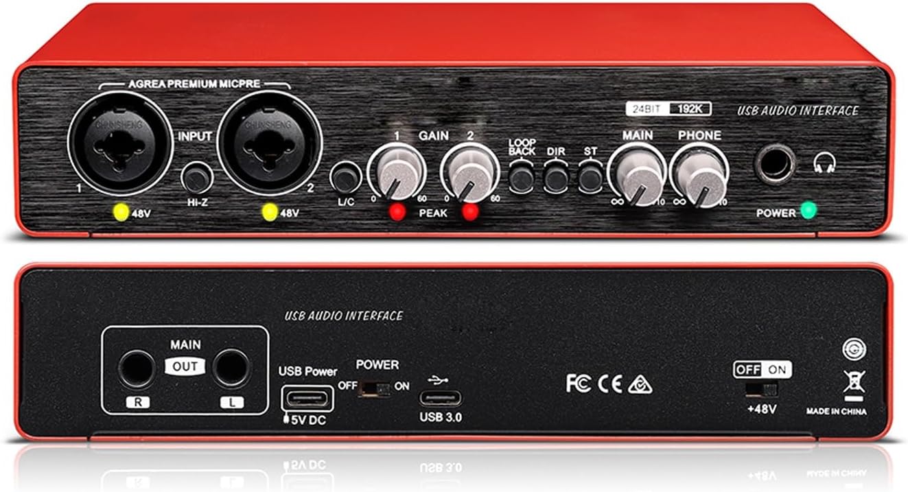 Audio Interface, Audio Interface Sound Card 24-bit/192KHz AD Converter, Electric Guitar Live Recording Professional Studio Singing