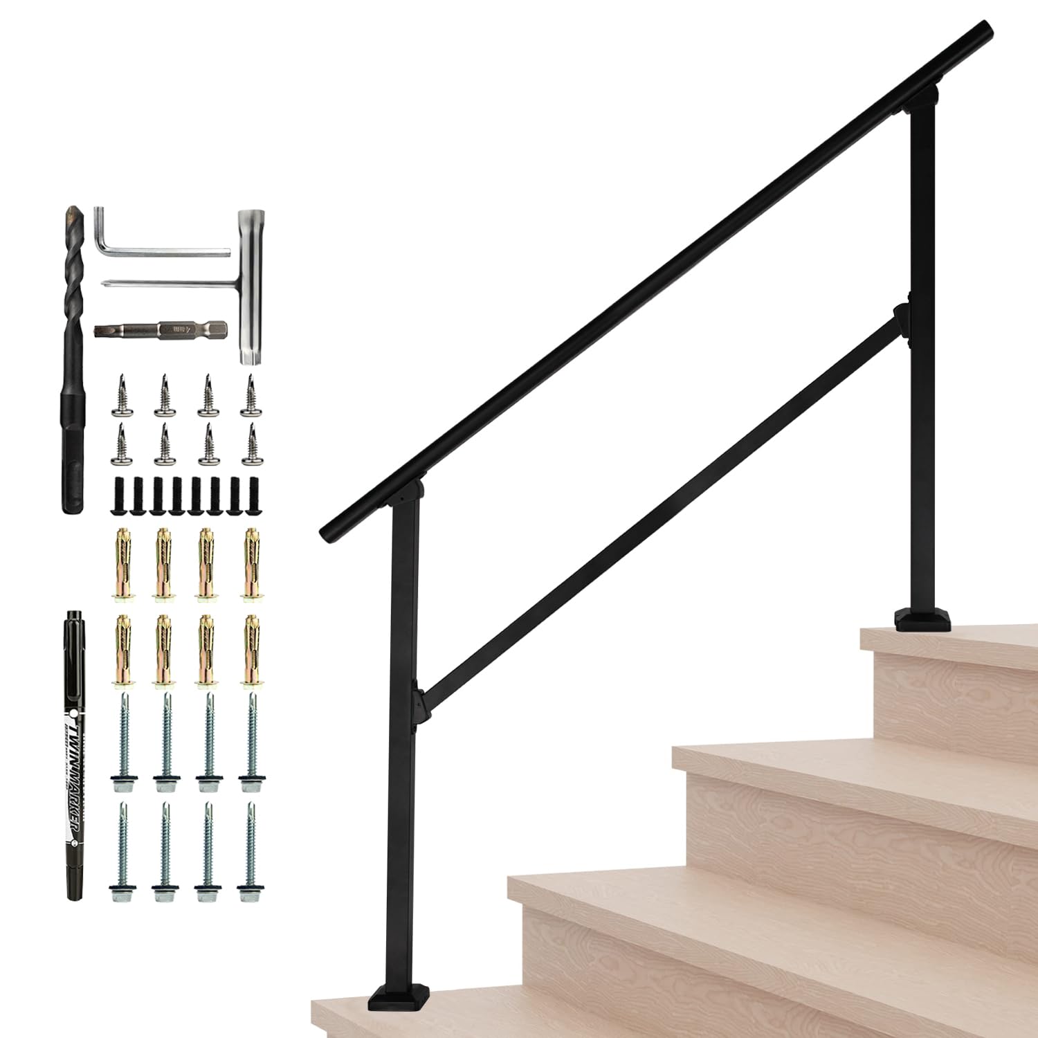 Belinova 4 Steps Handrails for Outdoor Steps, Outdoor Stair Railing, Wrought Iron handrail for Concrete&Wooden Steps, Black Stair Railing, Railings for Outdoor Steps, Porch Railing
