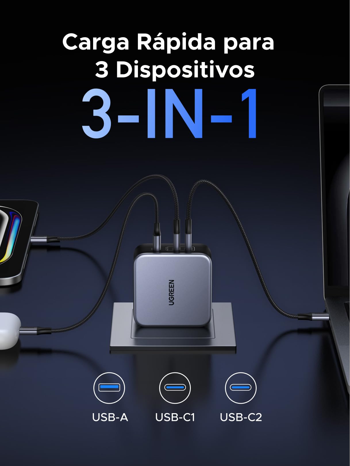 UGREEN Nexode 140 W PD 3.1 Cargador USB C rápido 3 Puertos GAN Tech Toma USB C Compatible con iPhone 16 Plus Pro MAX 15 14 13 12 11 Galaxy S24 S23 S22 A15 Pixel 9 8 7 iPad MacBook Air Pro M3 M2 M1