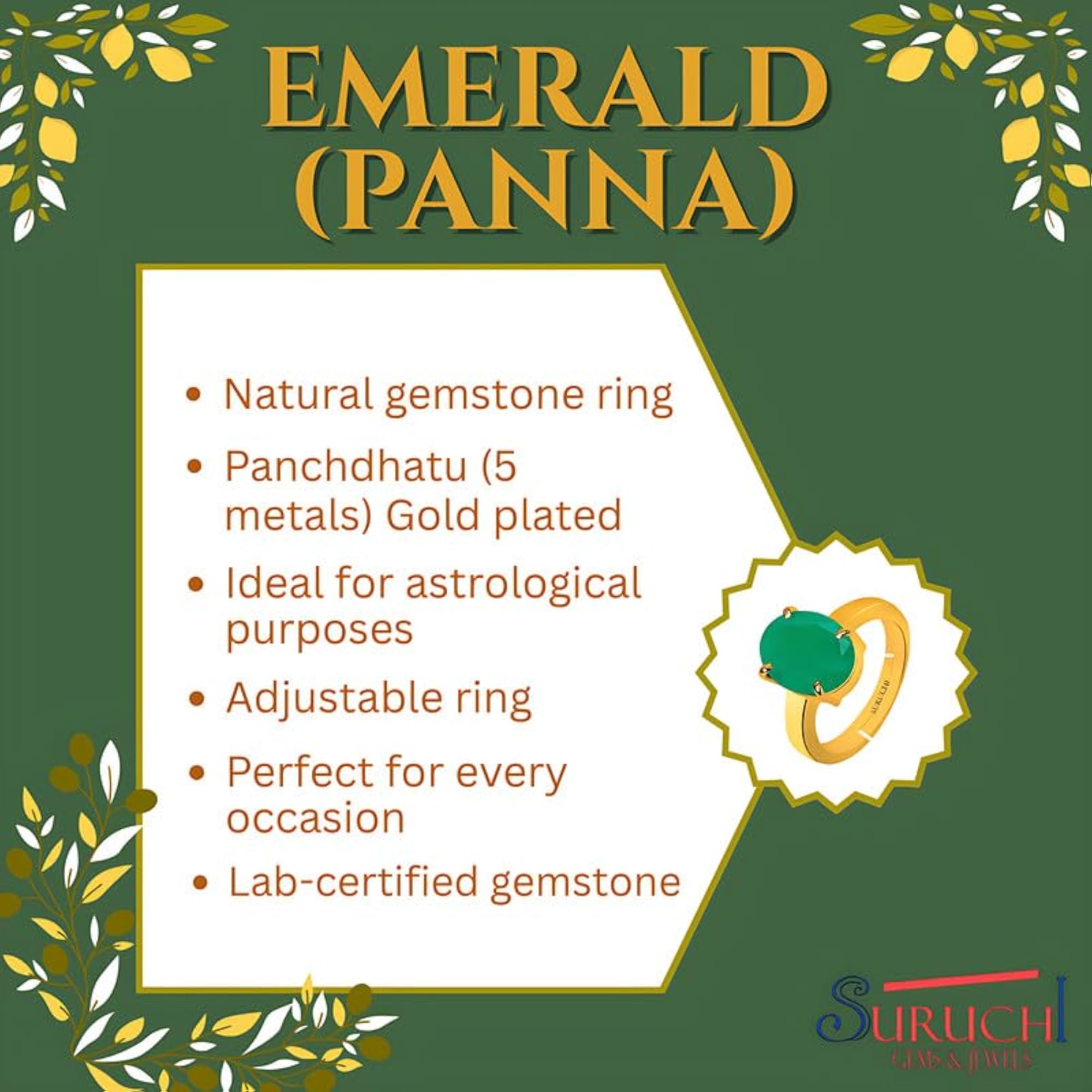 Women's 22K Gold Plated Emerald Adjustable Ring, Astrological Gemstone