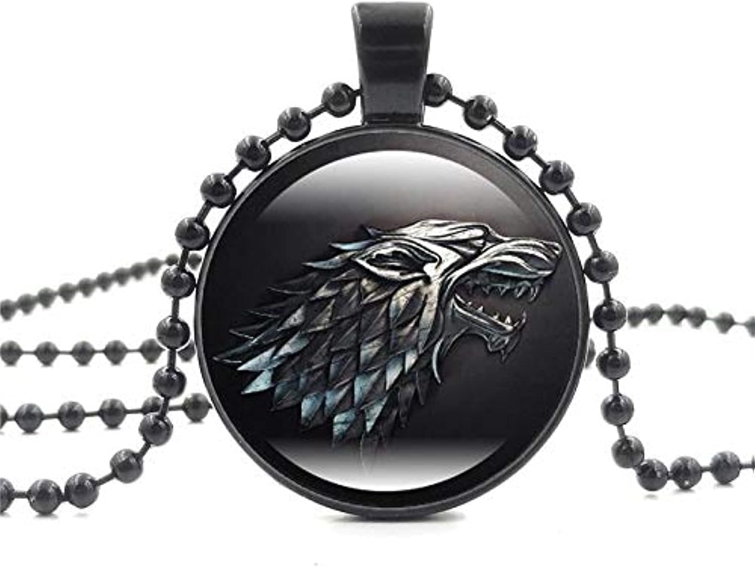 ZchikoGame of Thrones House Stark of Winterfell Direwolf Sigil Glass Pendant Necklace. Black