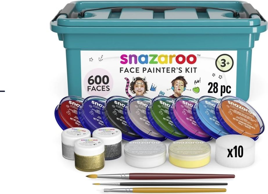 Snazaroo Face Painters Kit for Kids & Adults, 28 Pieces, 10 Colours, Brushes, Glitter Gels, Sponges, Guide, Water Based, Easily Washable, Non-Toxic, Makeup, Body Painting