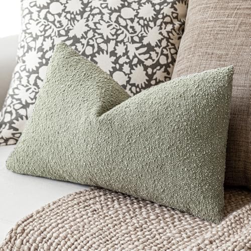 Image of Foindtower Pack of 2 Textured Boucle Throw Pillow Covers Accent Solid Decorative Lumbar Pillow Cases Cozy Couch Cushion Case for Chair Sofa Bedroom Living Room Home Decor 12x20 Inch Dirty Sage Green