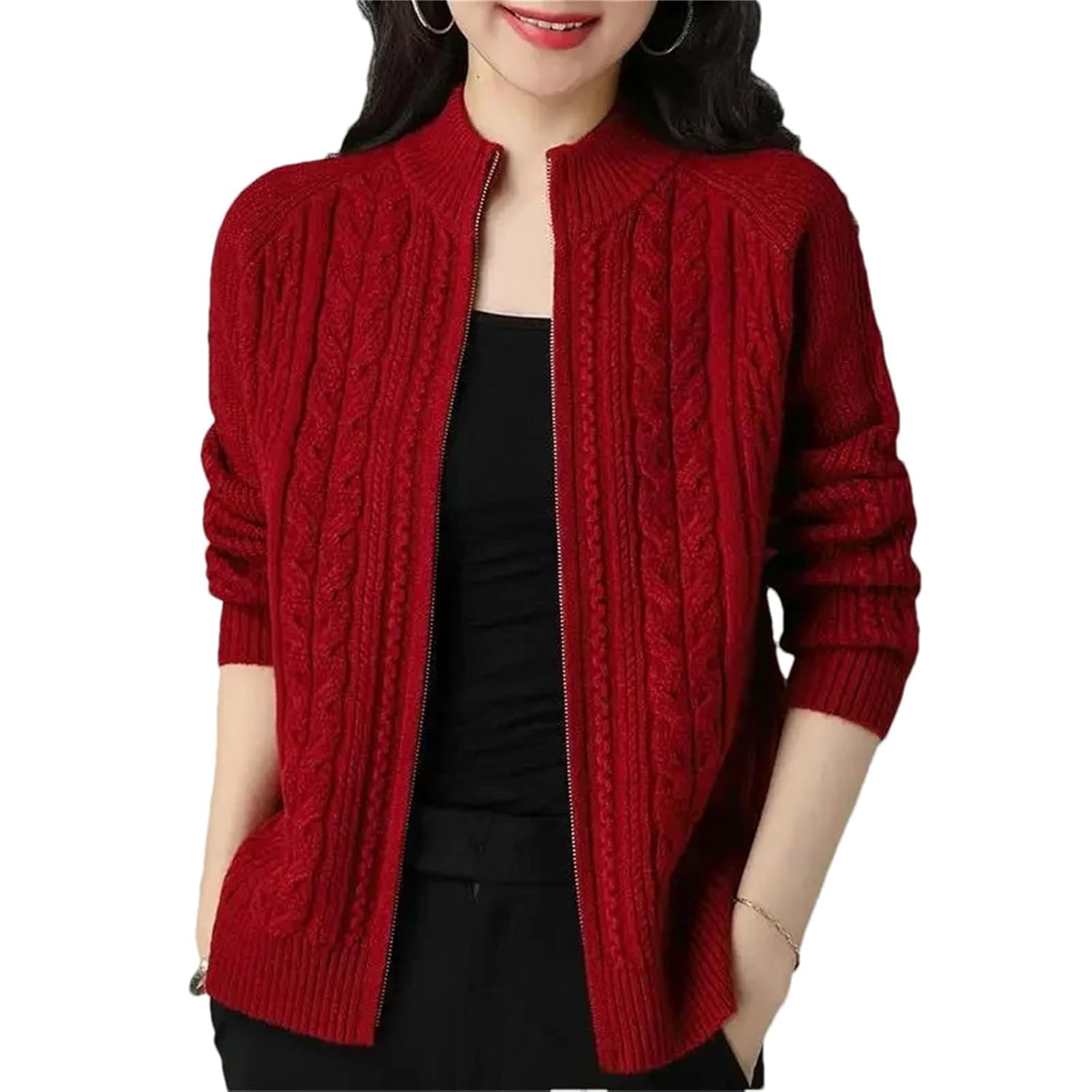 Womens Slim Fit Half High Collar Cardigan Sweater Ribbed Long Sleeve Casual Zipper Knitted Coat Top