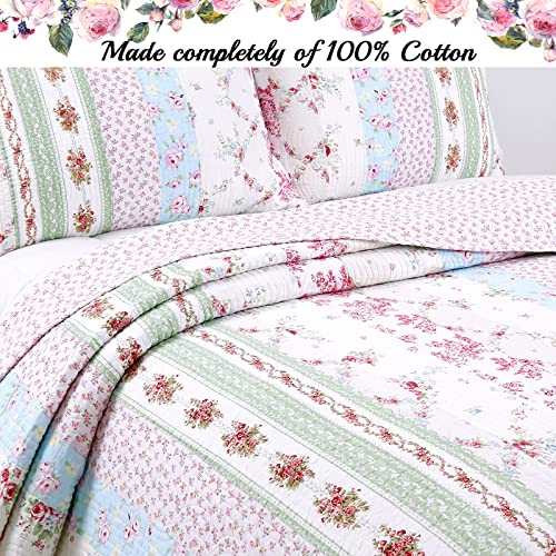 Cozy Line Home Fashions 100% Cotton Real Patchwork Pink Floral Cottage Shabby Chic Reversible Quilt Bedding Set, Bedspread, Coverlet (Wild Rose, Twin - 2 Piece) #TOP1
