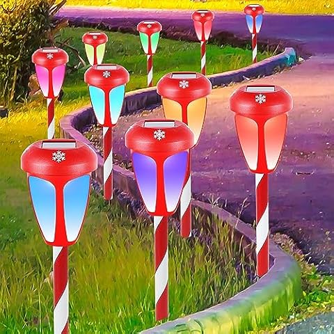 Dynaming 10 Pack Solar Christmas Path Lights, Outdoor Solar Powered Color Changing Xmas Garden Pathway Markers, Auto On/Off Candy Cane Lights Waterproof for Winter Patio Yard Walkway Driveway Decor Cover