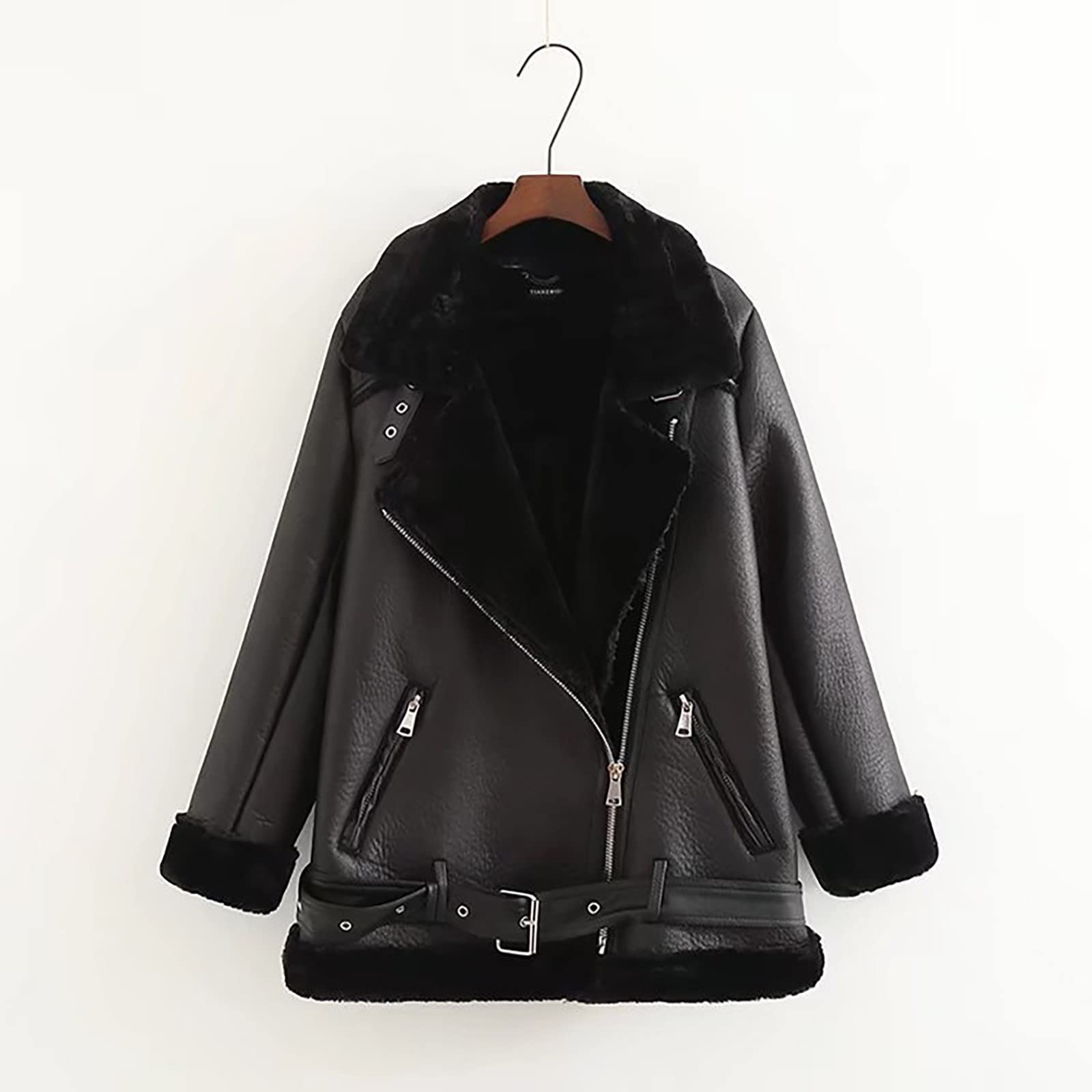 Ansenesna Lederjacke Damen Schwarz Winterjacke Warm Gefüttert Jacke Winter Leder Mantel Frauen Dicke Wintermantel Ohne Kapuze Ledermantel Mit Fell Damen-Jacken Innenfell Fellkragen Jacket