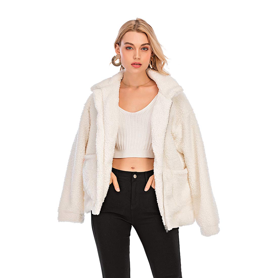 Womens Warm Casual Fleece Faux Fur Jacket Oversized Shearling Winter Coat for Women Long Sleeve Zipper Teddy Outwear