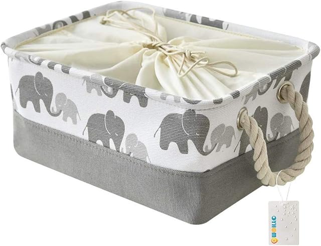 OYHOMO Storage Basket Foldable Grey Elephant Rectangle Storage Box Thickened Canvas Fabric Storage Bin with Drawstring for Towels, Toys, Shelf - Small