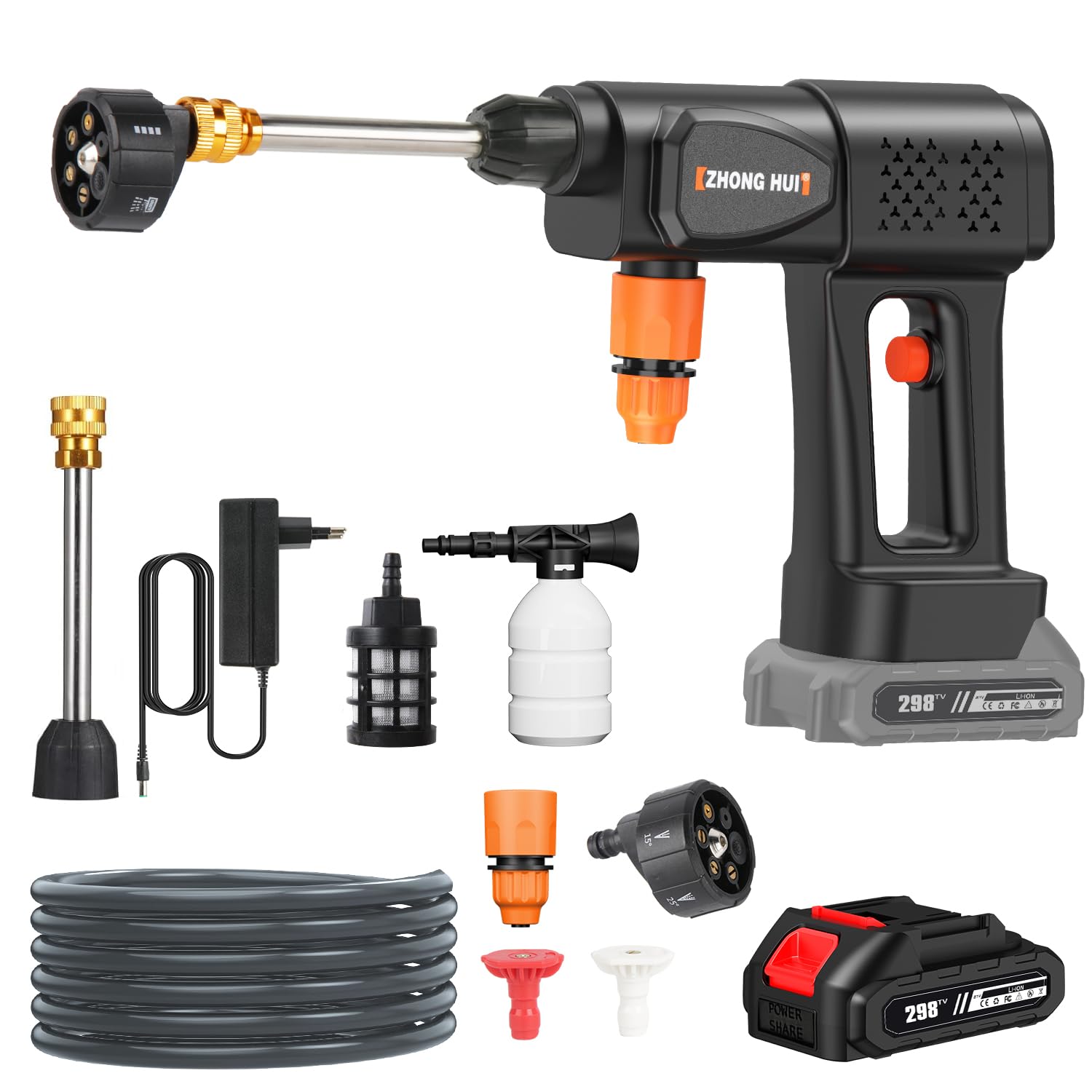 Hidrolimpiadora de Alta Presion, MAX 30 Bar Hidrolimpiadora Batería, Pistola de Agua a Presión con Batería 6,0 Ah, para Limpiar Coche, Jardín, Terraza, y Exteriores, Press & Clean Pistola Lavado