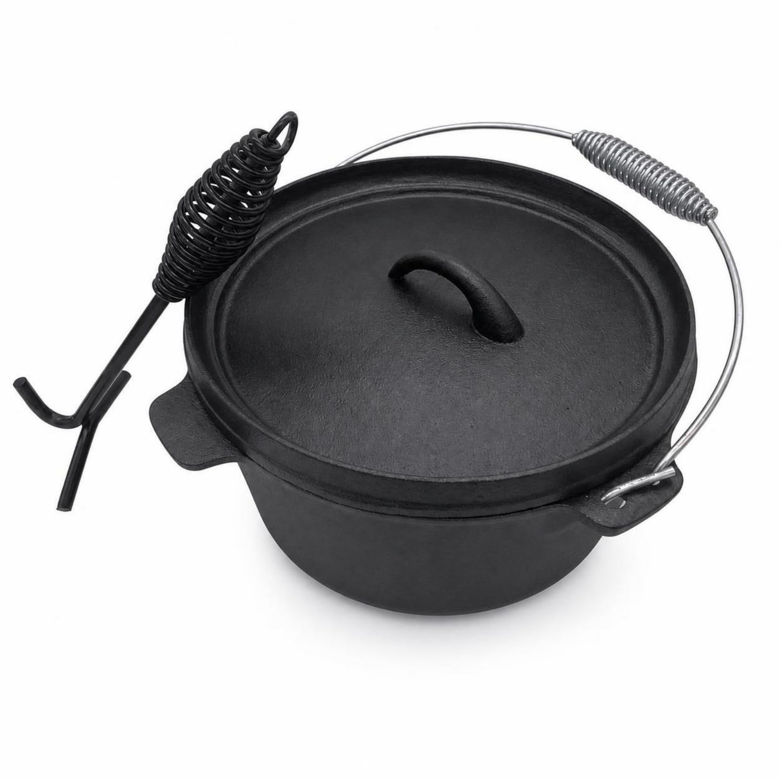 Colcolo Olla de Hierro Fundido Olla de Guiso Cazuela Caldero con Tapa y Asideros Laterales Incluye Gancho para Manipular la Tapa sin Recubrimiento Adecuada