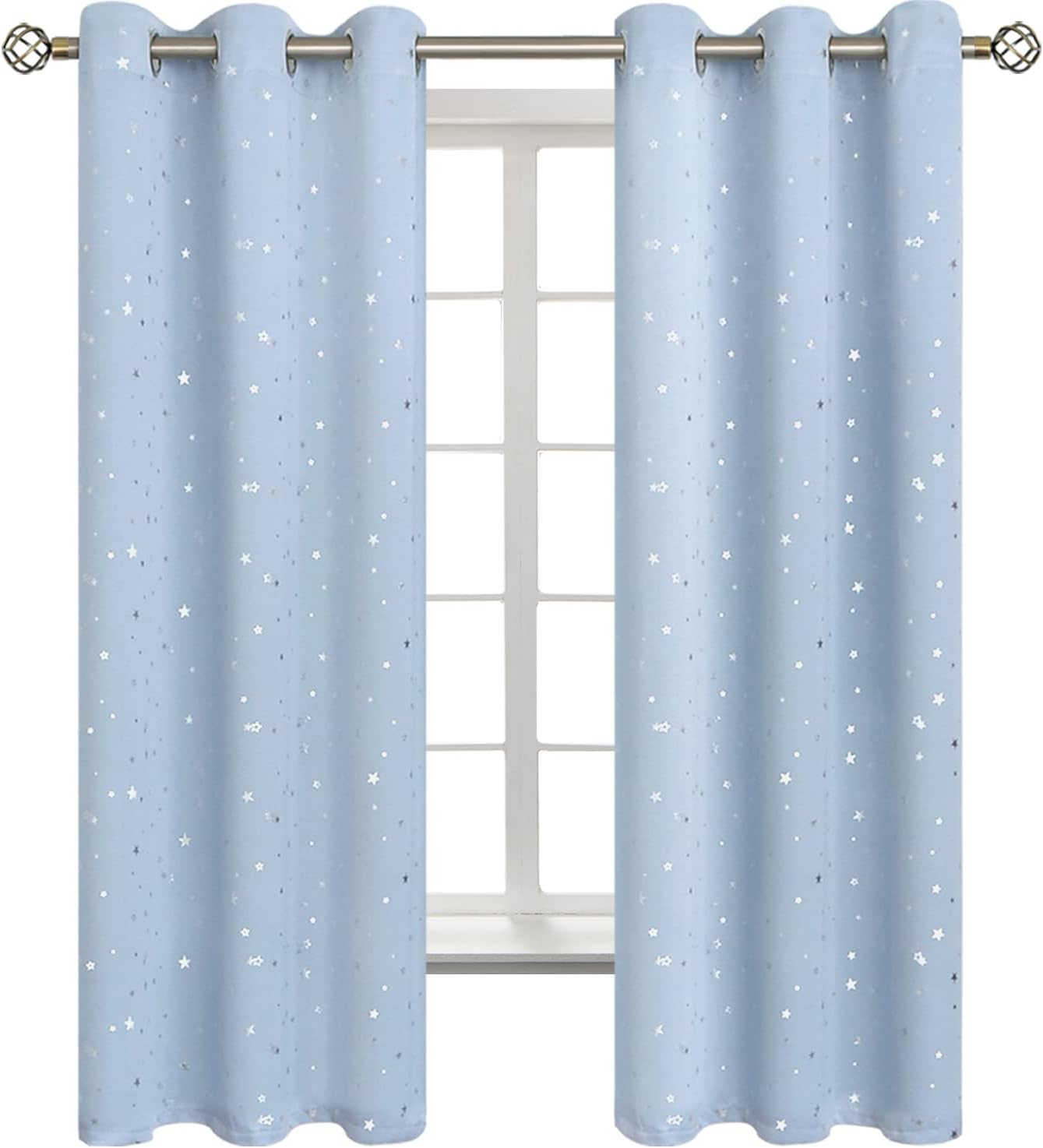 BGment Star Room Darkening Curtains for Kids Bedroom - Grommet Thermal Insulated Silver Star Print Kids Curtains for Living Room, Set of 2 Panels, Baby Blue, 42 x 63 Inch