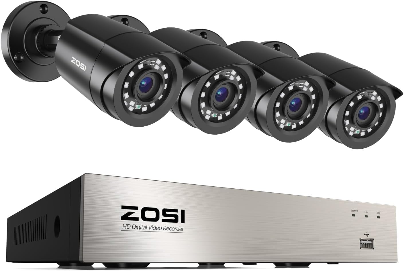 ZOSI 8CH 3K Lite AI DVR & 4-Pack 1080P HD-TVI Security Cameras – 8 Channel H.265+ Hybrid 4-in-1 (HD-TVI/CVI/AHD/CVBS) Surveillance System with Human/Vehicle Detection, 80ft Night Vision, Weatherproof.
