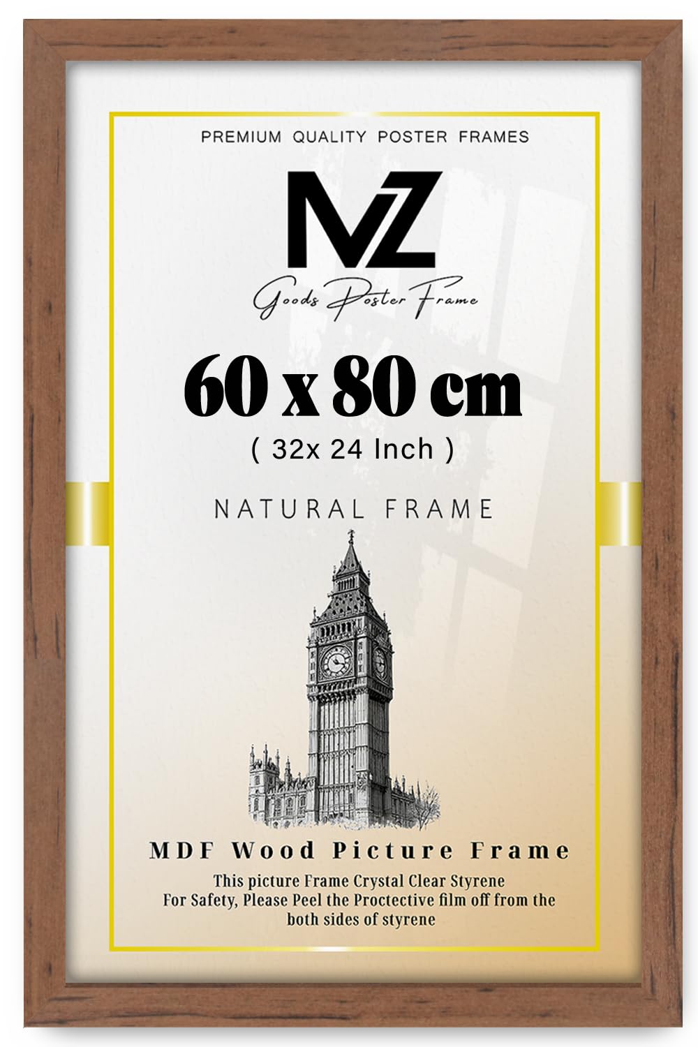 MZ GOODS | MDF Wood Poster Frame (60 x 80 CM) No Mount Included for Wall Gallery, Art Décor, MDF Wood Finish, Includes Secure Hanging Hooks [ Walnut ]