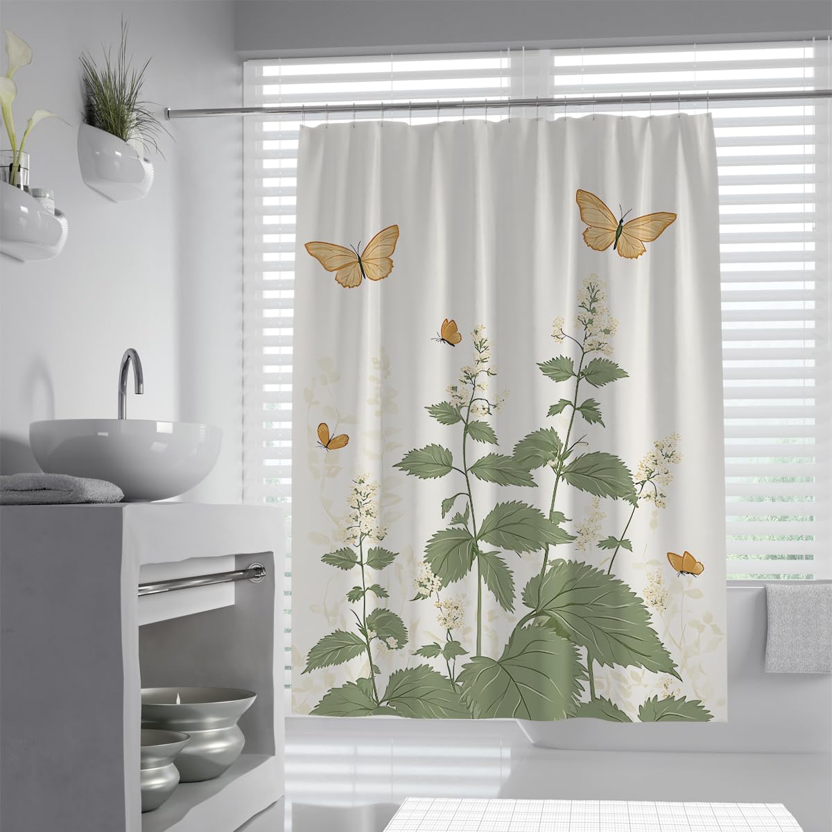 UIRINGART Sage Green Shower Curtain W200xL220cm Botanical Wildflower Print Waterproof Polyester Mildew Resistant Quick Dry Bathroom Decor with Hooks