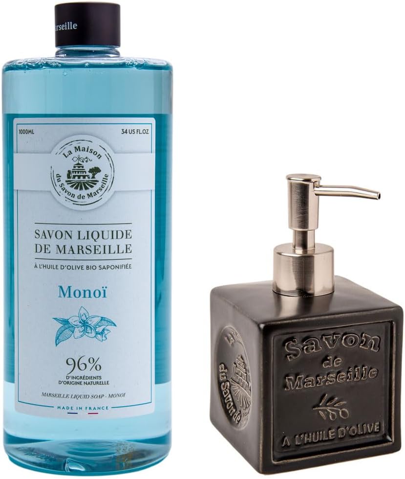 Maison Du Savon De Marseille - Monoi Liquid Soap with Refillable Black Ceramic Soap Dispenser - Kitchen and Bathroom Accessories for Home - 1 Litre Refill and 300 Millilitre Dispenser