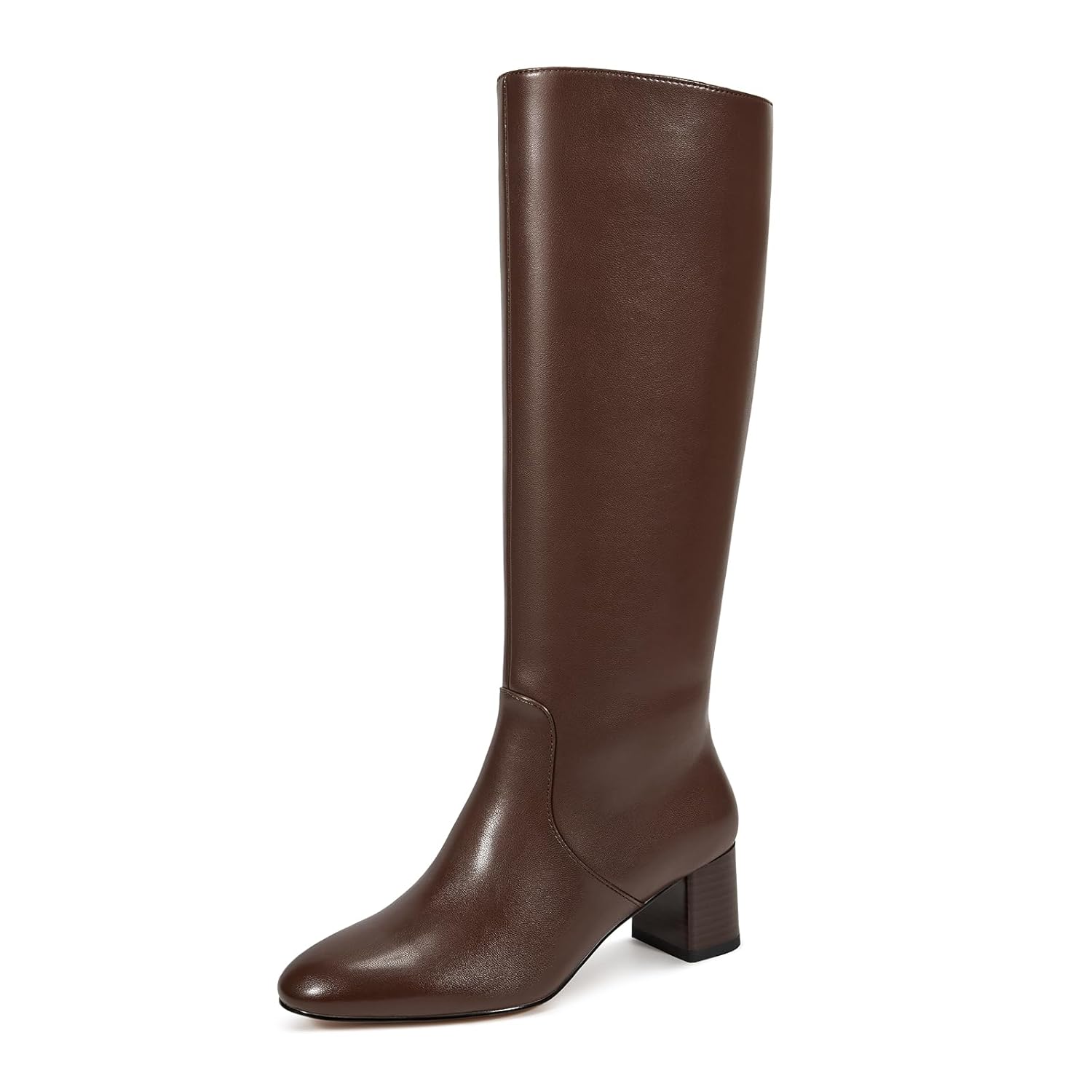 wetkiss Low Heel Knee High Boots for Women Regular Calf Friendly Side Zipper Almond Toe Faux Leather Comfortable