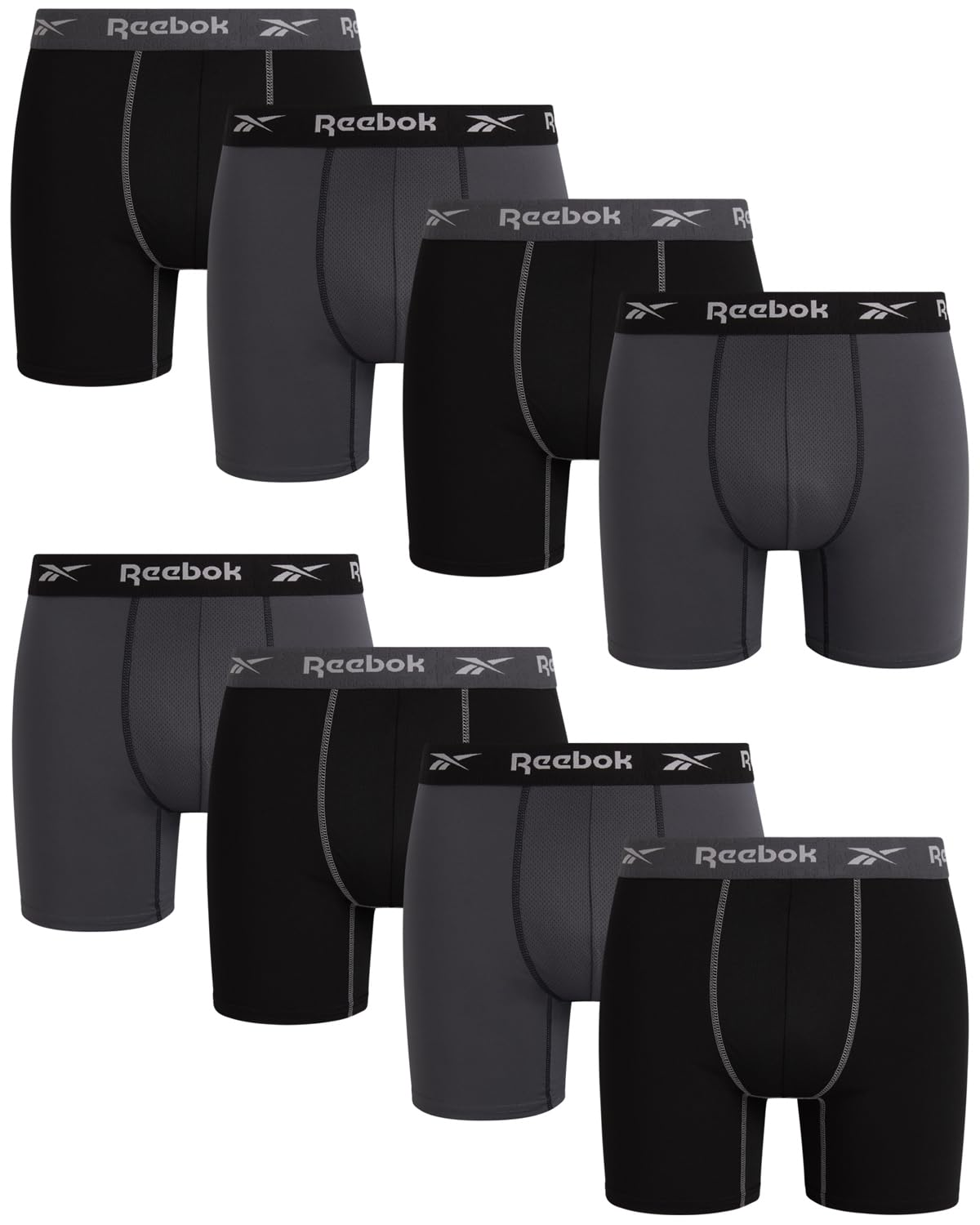 Reebok Mens Boxer Briefs - 8 Pack Stretch Performance Moisture Wicking 6 Inseam Mens Underwear Boxers with Contour