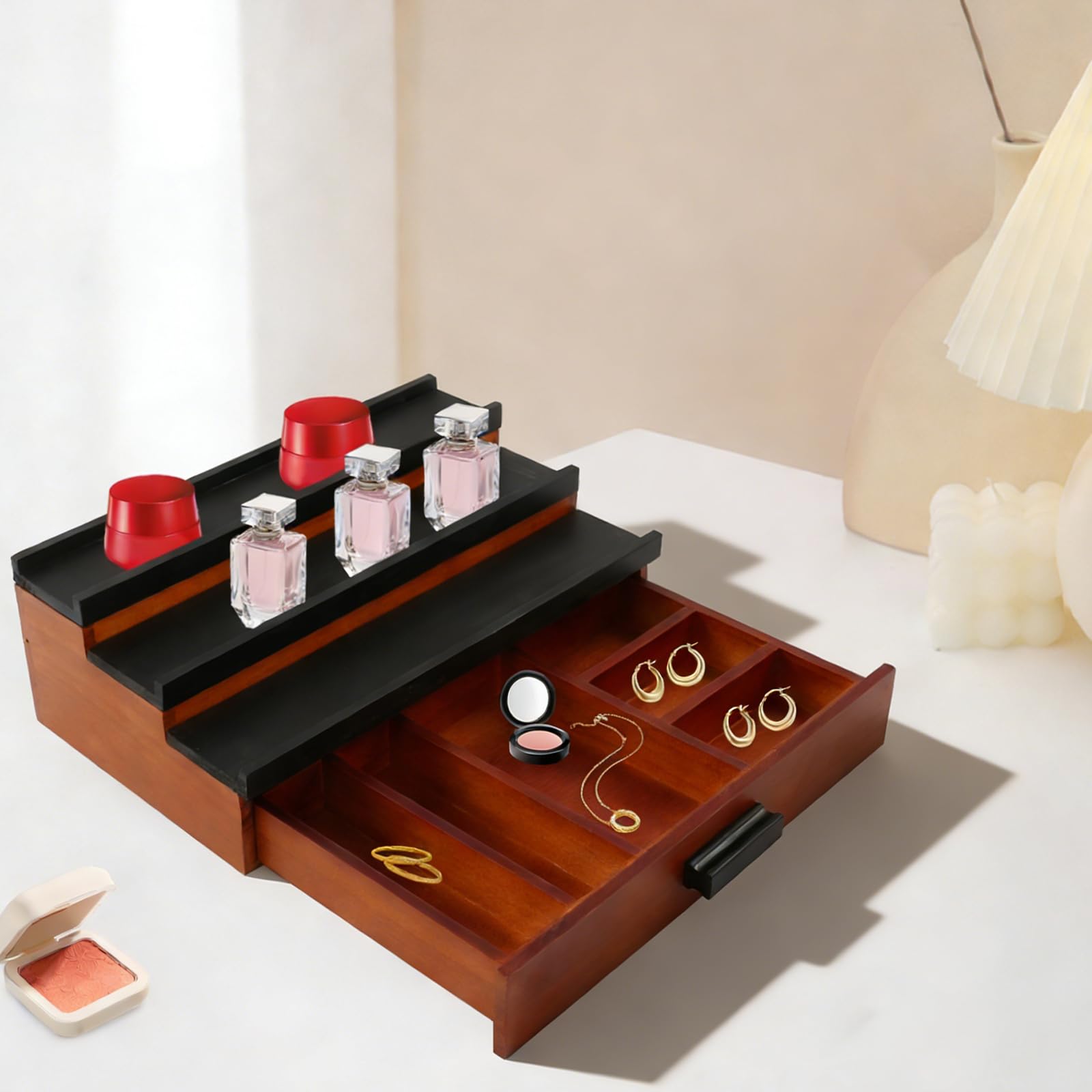 3-poziomowy organizer na perfumy, drewniany, do użytku w domu i hotelu, stopniowy organizer na perfumy, nadaje się do przechowywania perfum, w różnych rozmiarach, 32 x 21,84 x 10,41 cm