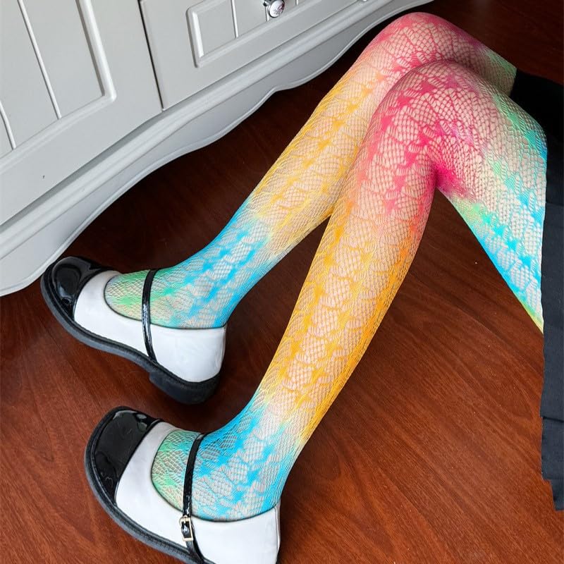 mdgfge Rainbow Women Sheer Tights Fishnet Sexy Colorful Hollow Out High Waist Pantyhose Gradient Stockings Small Sheer Mesh Design for Women Rainbow Pride Day Halloween Parade Party2
