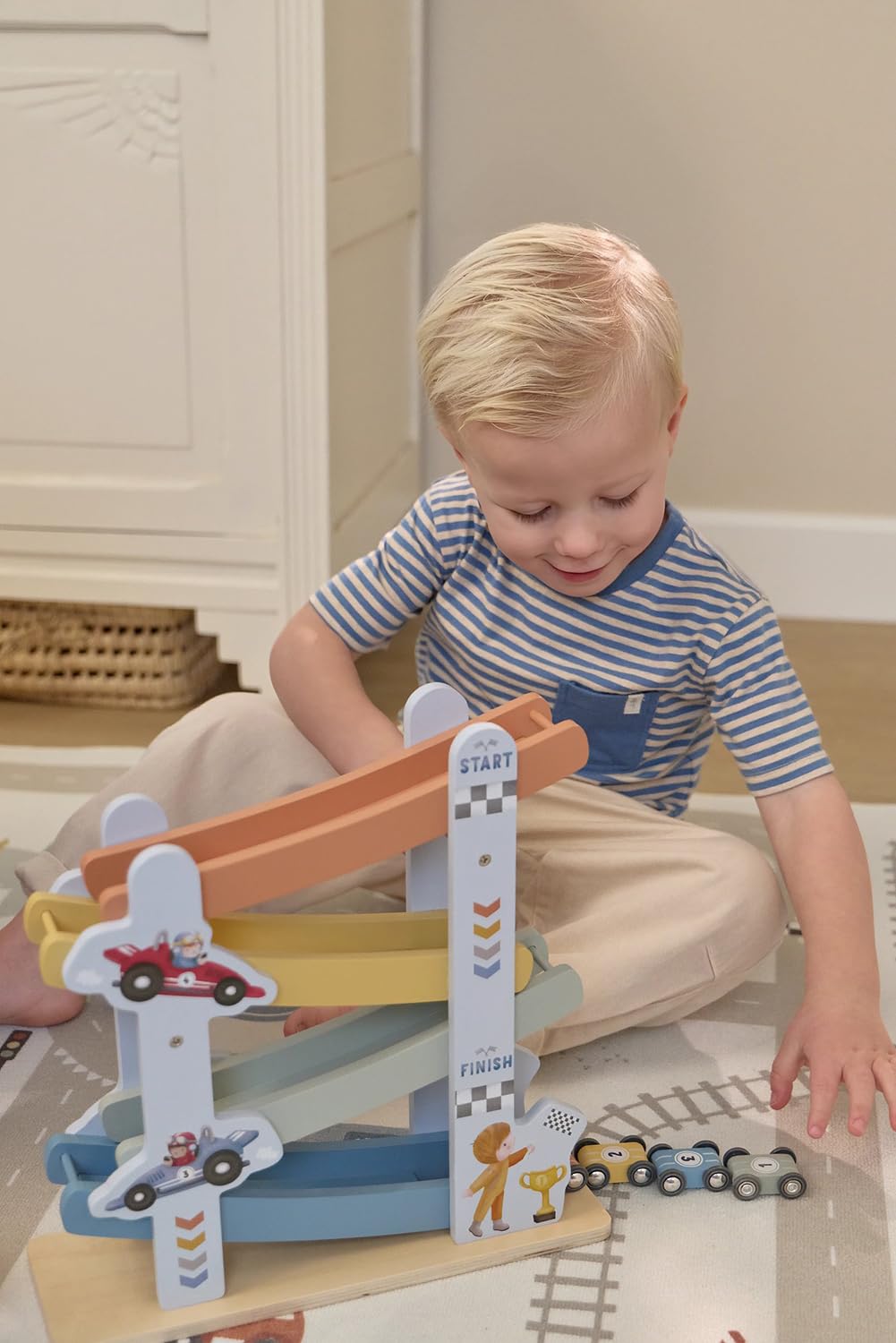 Little Dutch Pista de bolas de madera – pista de carreras de coches – incluye 4 coches – para niños y niñas a partir de 18 meses – azul