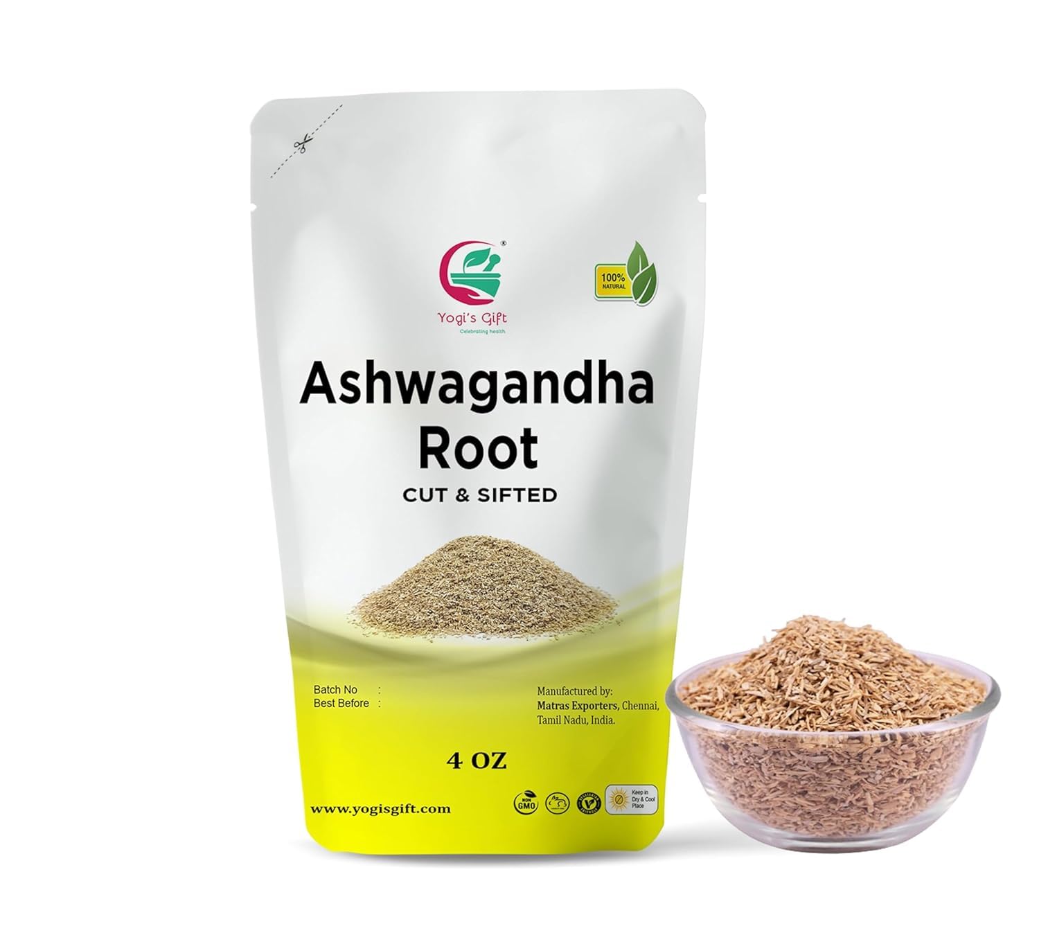 Ashwagandha Root 4 oz | Dried Ashwagandha Herb | 100% Naturally Dried | Withania Somnifera | Best Particle Size For Making Tea | by Yogi's Gift®
