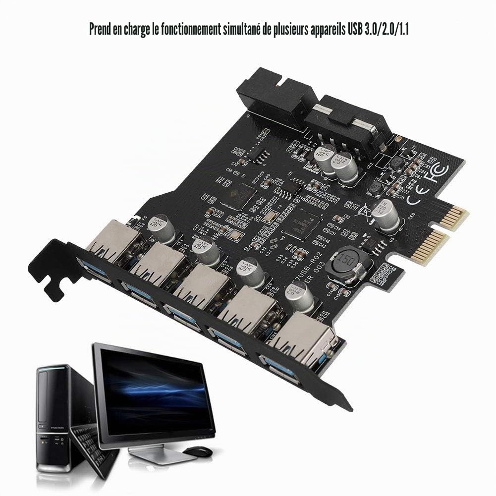 Diyeeni Carte PCI-E vers USB 3.0 PCI Express à 5 Ports, Carte PCI-E USB 3.0 Express avec connecteur Interne à 19 Broches, Prise en Charge de la Carte d'extension PCI Express UASP