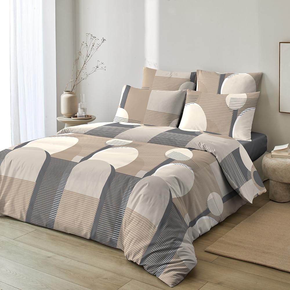 Housse de couette 140x200 géométrique coton taupe et gris avec taie
