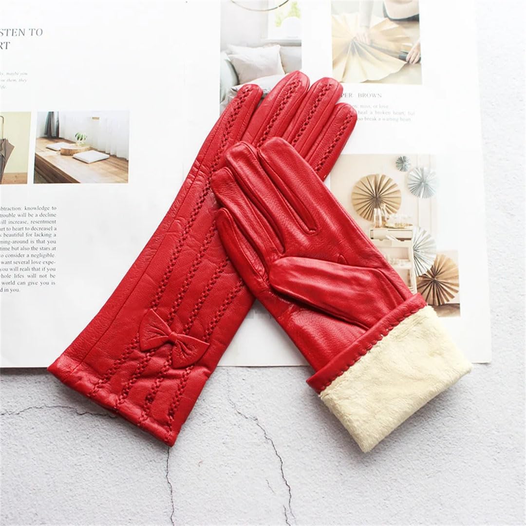 Guantes de piel de oveja para mujer, de longitud media, a rayas, de forro polar, color negro, talla 8, Negro, 36