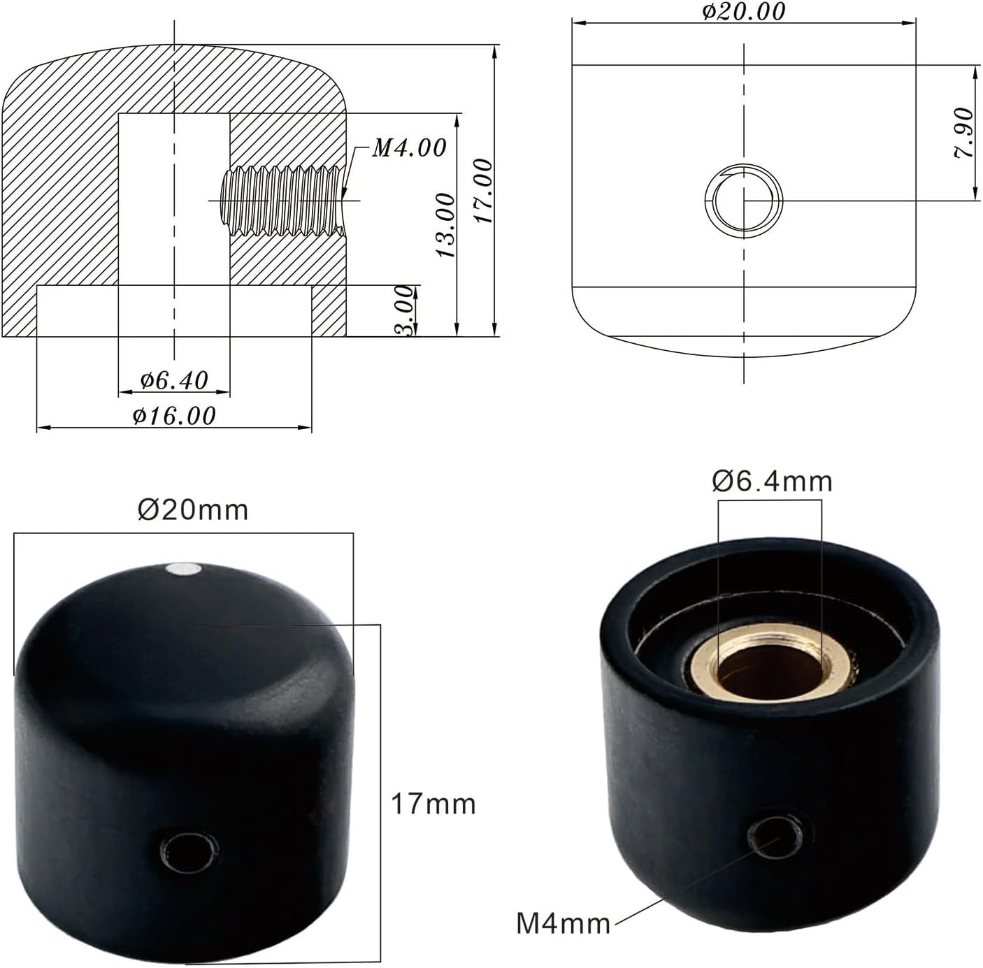 4Pcs Ebony Bass Guitar Control Knobs Wood Guitar Volume Tone Knobs with 6.4mm（1/4"） Brass Hole Compatible with Fender Strat Telecaster Les Paul Guitar Replacement Parts (Ebony Natural Color)
