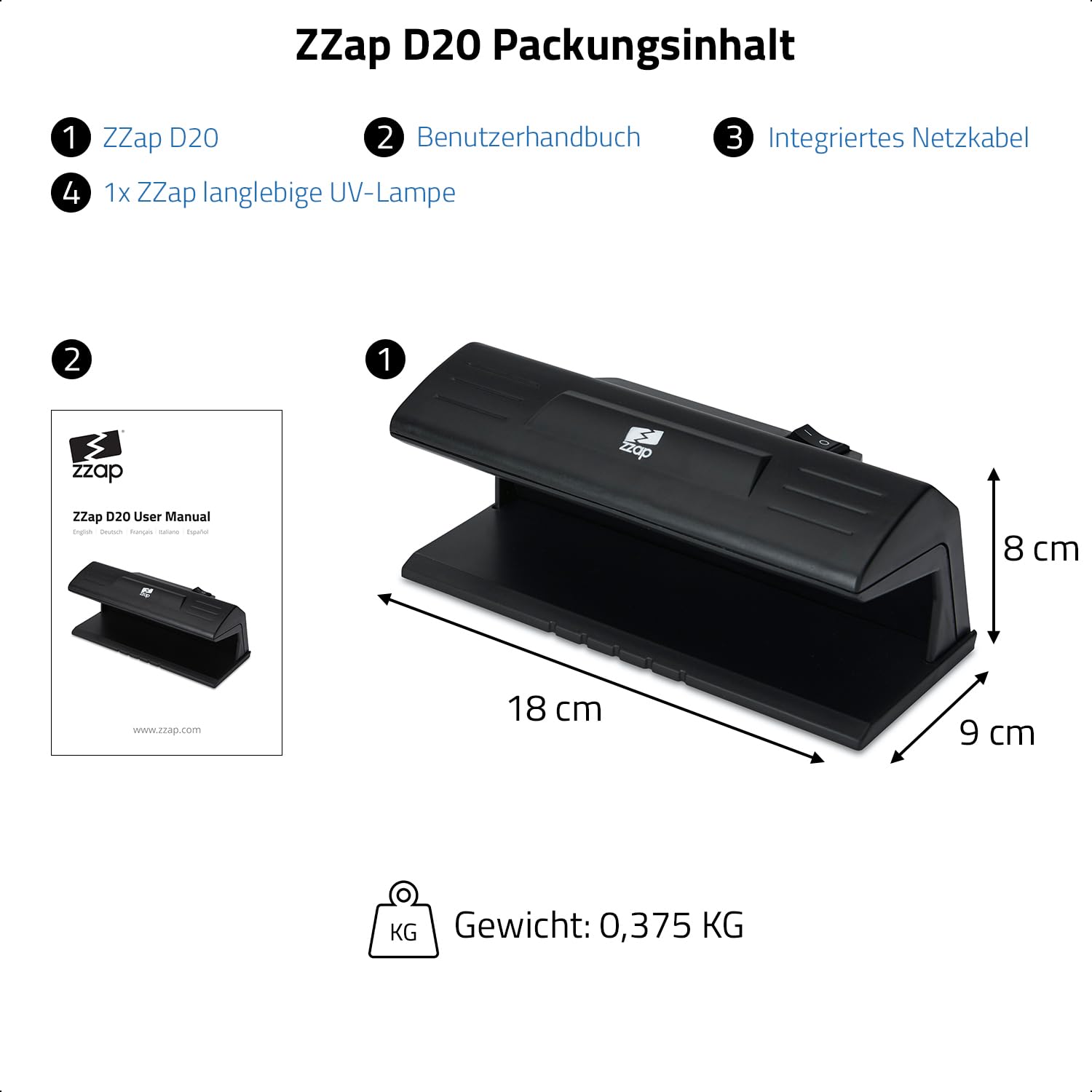 The ZZap D20 – Falschgeld Prüfer – UV-Erkennung mit einer 9-Watt-Long-Life-Glühbirne, ideal zum Überprüfen von Währung, offiziellen Artikeln und mehr