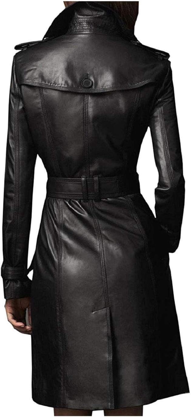 Women Designer Black Trench Leather Long Coat with Belt Trench Coat Slim Fit Style for Ladies - Image 2