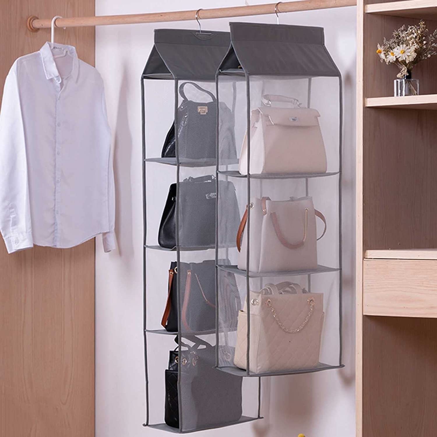 2 Piezas Organizador para Colgar Bolsos Colgador De Almacenamiento De Bolsos Organizador De Armario De Tela Oxford Ahorro De Espacio En El Armario (3 Rejillas Y 4 Rejillas)