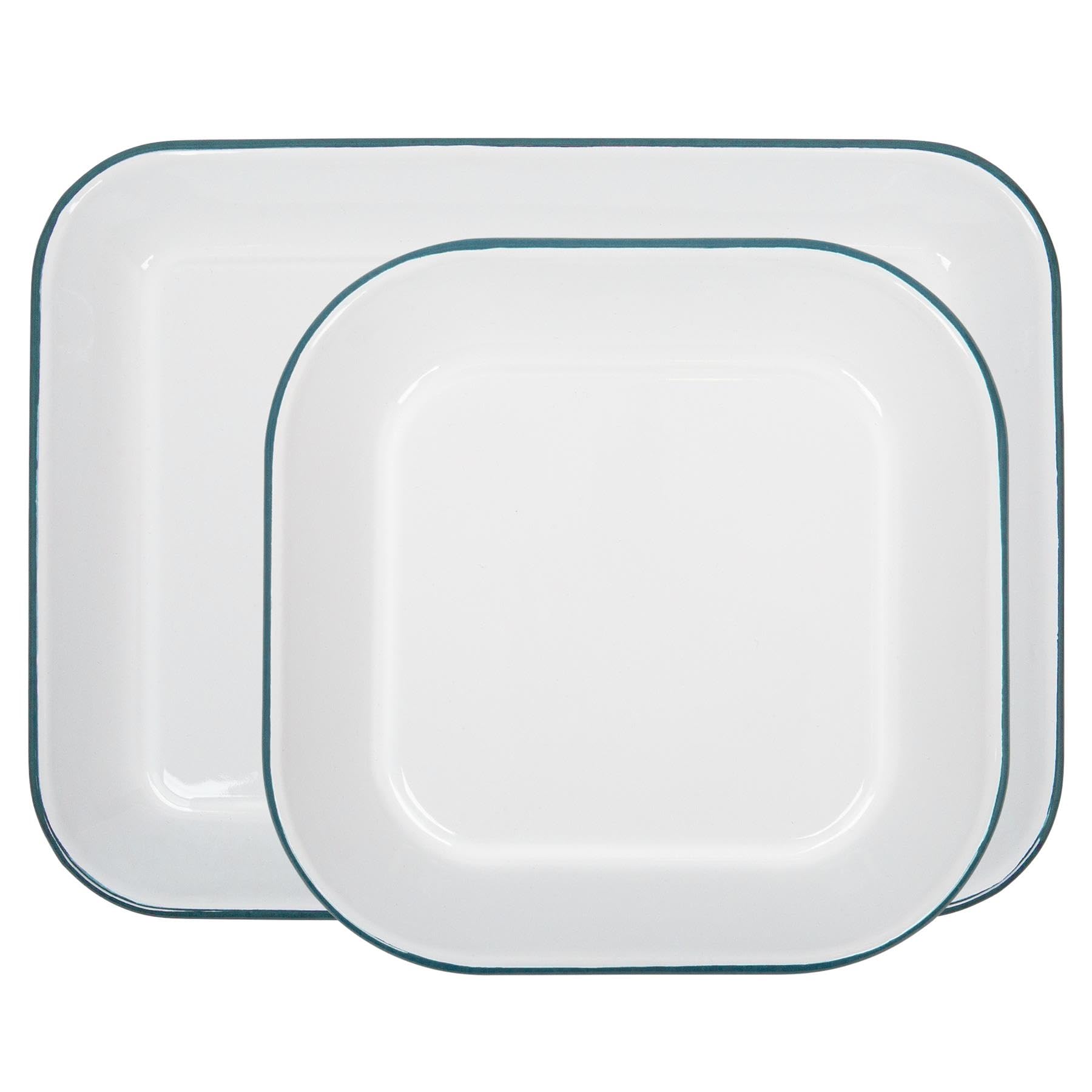 Argon Tableware 2 Piece Baking Tray Set - Green Rim - Lightweight Metal Rectangular Enamel Oven Tray Kitchen Bakeware Flat Cooking Pan for Roasting, Baking