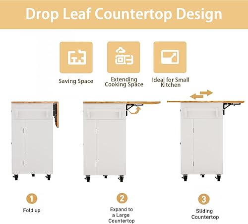 Miniatura 3 de Carrito para isla de cocina con almacenamiento y ruedas, isla de cocina rodante grande de 150 cm con hoja abatible, isla móvil para cocina con