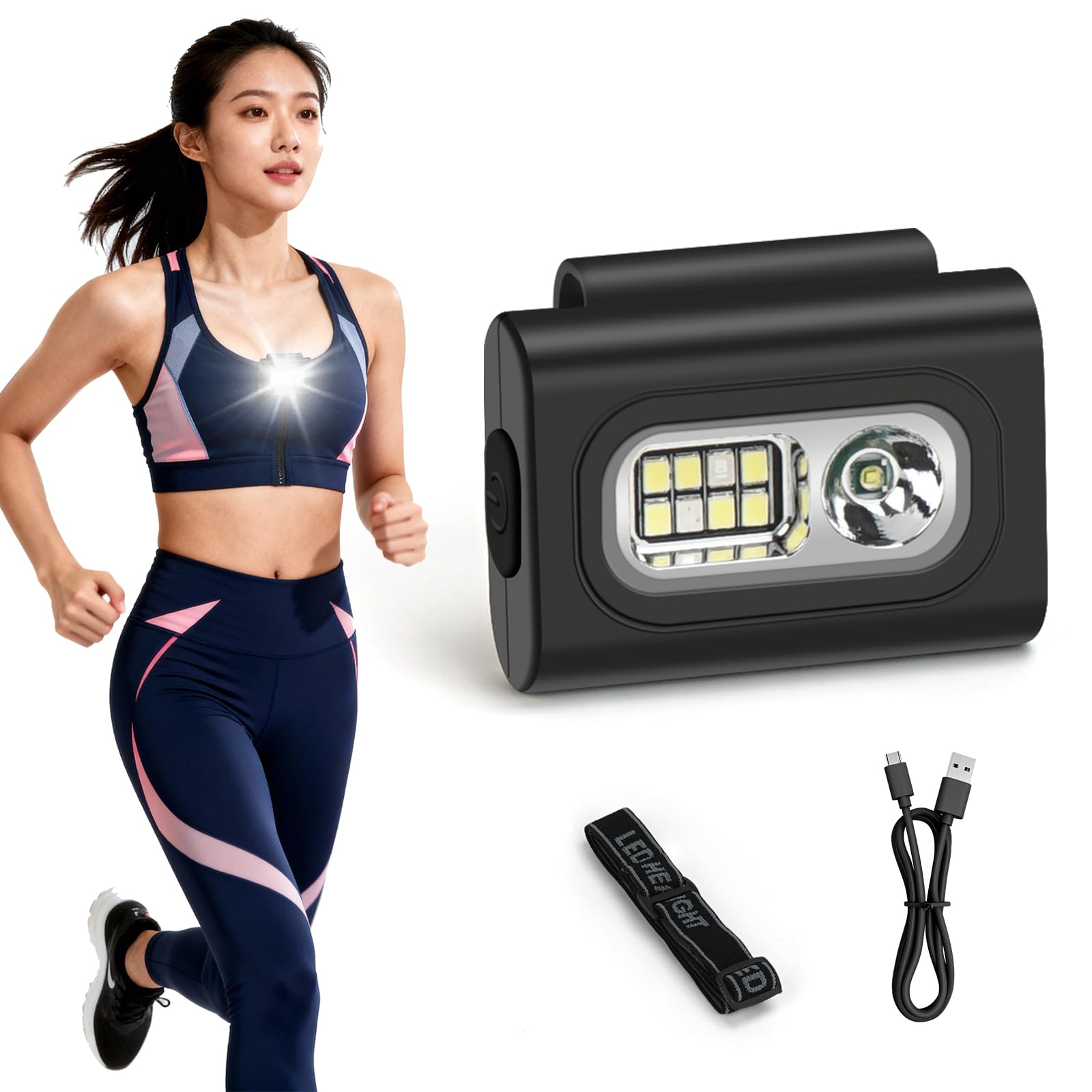 ランニングライト ネックライト 小型 軽量 夜間ランニング 登山 キャンプ 作業 防災用 安全ライト USB充電式 6段階モード 赤青点滅 防水 20m照射 クリップ式 日本語説明書付き (ブラック)