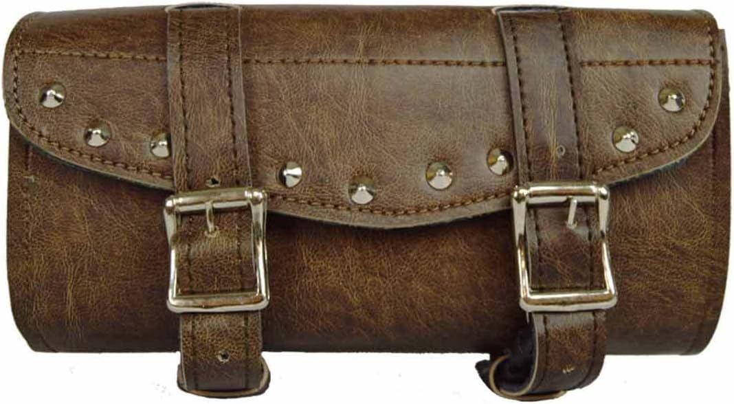 Vance Motorcycle 2 Buckle Strap Old Look PVC Tool Bag, Studded, Quick Release Brown