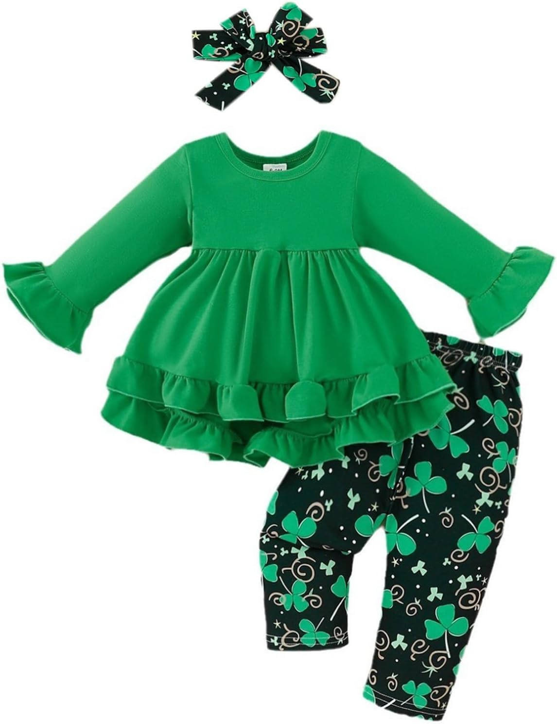 Clearance Baby Girl Boy St. Patrick's Day Clothes Set 3Pcs Lucky Clover Printed Pants Set Toddler My 1st St. Patrick's Day Outfits Long Sleeve Ruffle Sweatshirt Tops Striped Pans Headband Set