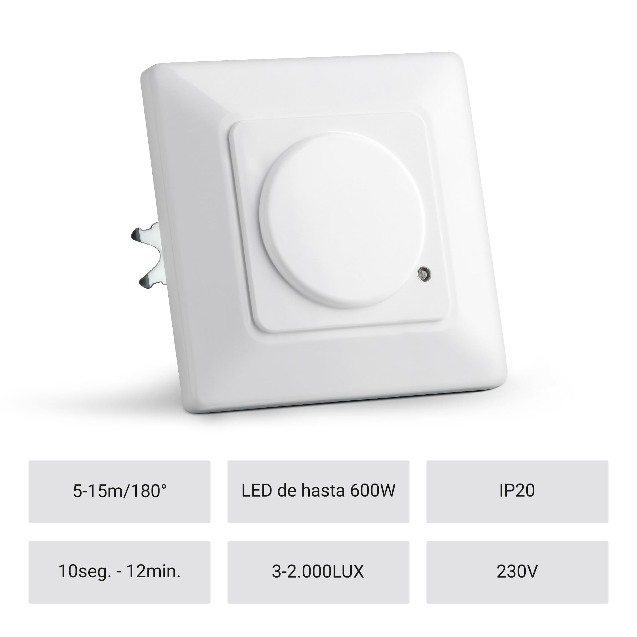 SEBSON® 2X Detector de Movimiento empotrable, Interior, HF Sensor, LED Adecuado, Montaje en Pared, programable, Alcance 15m / 180°