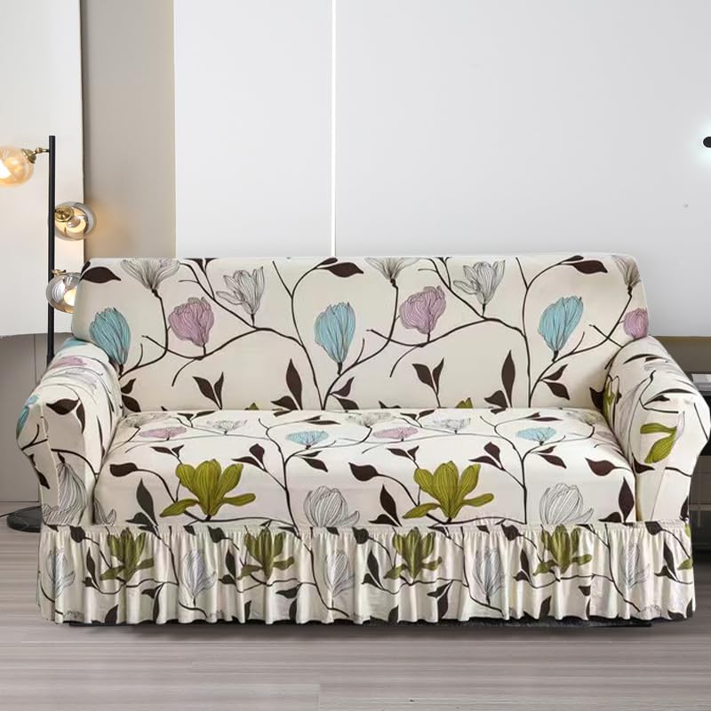 Stretch Sofa Covers with Skirt - Modern Floral Pattern Elastic Bottom Couch Cover Non-Slip Fabric Sofa Armchair Slipcovers Dust-Proof Furniture Protector for 1-4 Seat Dog Pet (S(90-140CM),#19)