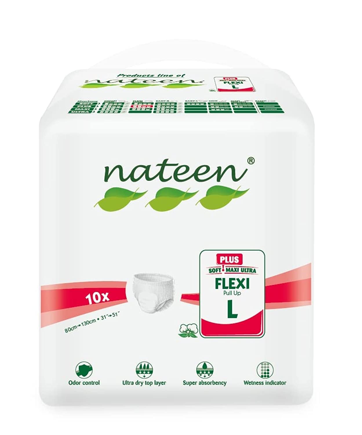 Nateen Flexi Plus Adult Diapers Pants,Incontinence Pull Up,Large,Waist Size 110-170cm,10 Count Adult Pull Ups,Superior Comfort,Excellent Combination of Protection.