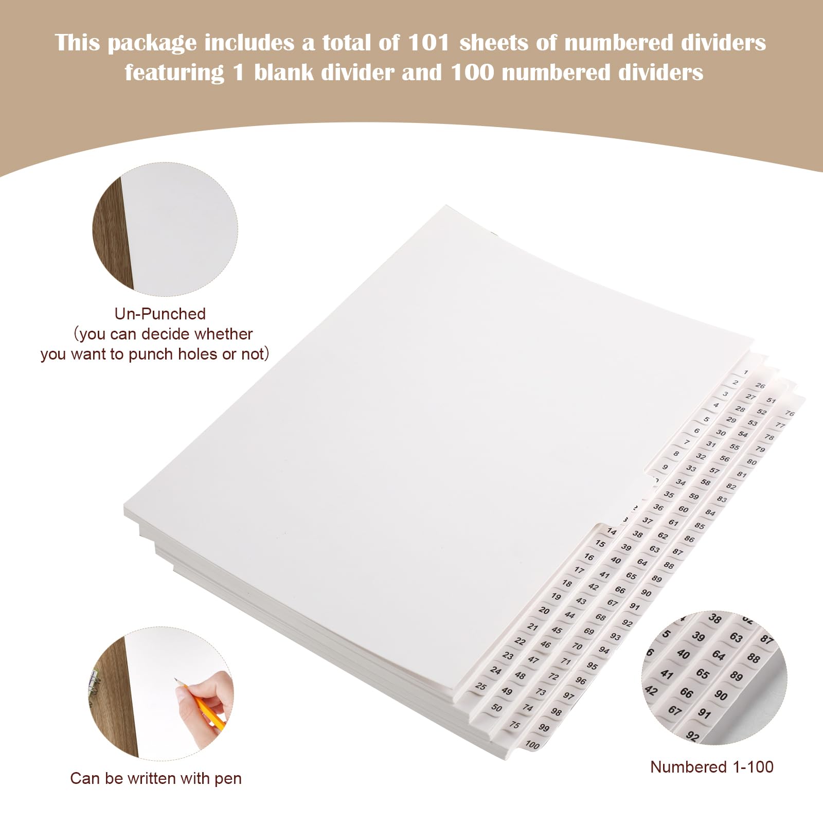 Yeaqee Set di 2 Divisori con linguette numerati da 1 a 100 non perforati, formato lettera 21,6 x 27,9 cm, divisori per raccoglitori in carta bianca per documenti e file d'ufficio
