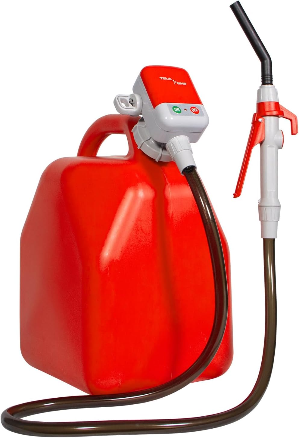 TERA PUMP 2nd Gen TRFA02-MTX Fuel Transfer Pump (2.5 GPM), 4-AA Battery Powered Gas Can Pump, Flow Control Nozzle with Squeeze Trigger Handle for E85 E15 Gas Diesel - 4.25ft Heavy-Duty Vinyl Hose