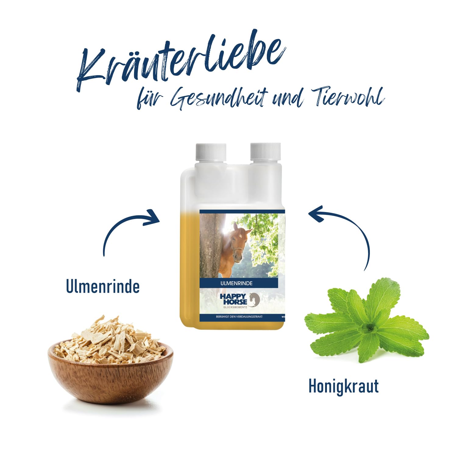 HAPPY HORSE Ulmenrinde 1.000 ml | Ergänzungsfuttermittel für Pferde mit empfindlichem Magen-Darm-Trakt | 100 % pflanzlich | Mit Schleimstoffen & Honigkraut | Made in Germany