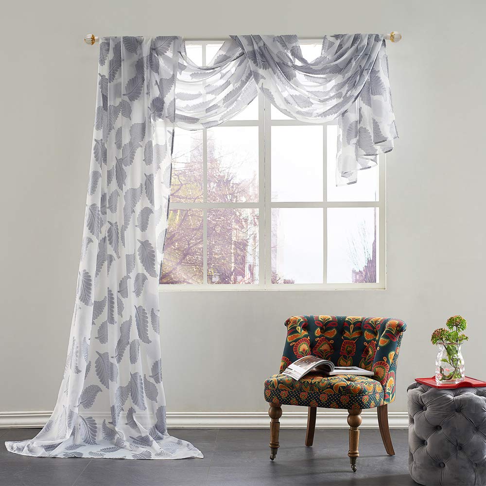 KEQIAOSUOCAI Beautiful Leaves Jacquard Window Sheer Voile Scarf 1 Panel Curtain 52 by 216 Inches Long Grey